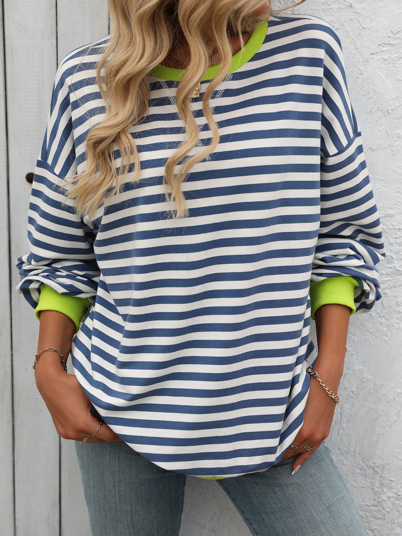 Striped Color-Block Sweatshirt - Multi-Color Loose-Fit Women's T - Shirt
