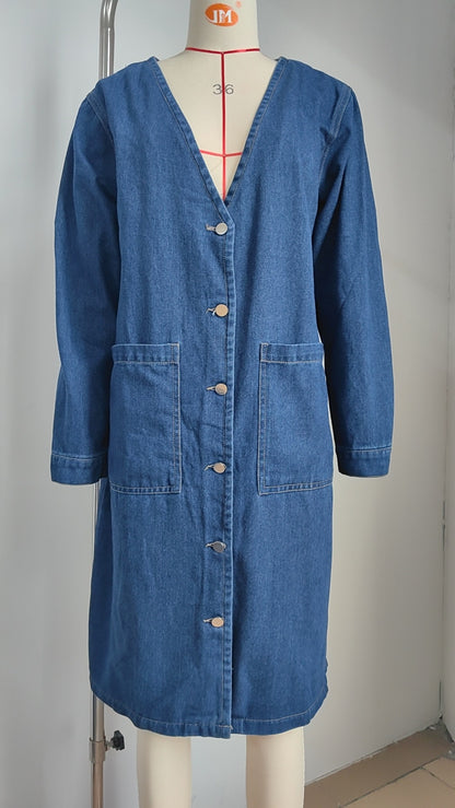 Dark Blue Long Denim Jacket - Women's V-Neck Cardigan Style Outerwear