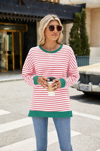 Striped Color-Block Slit Long-Sleeve Top - Multi-Color Casual Women's T-Shirt
