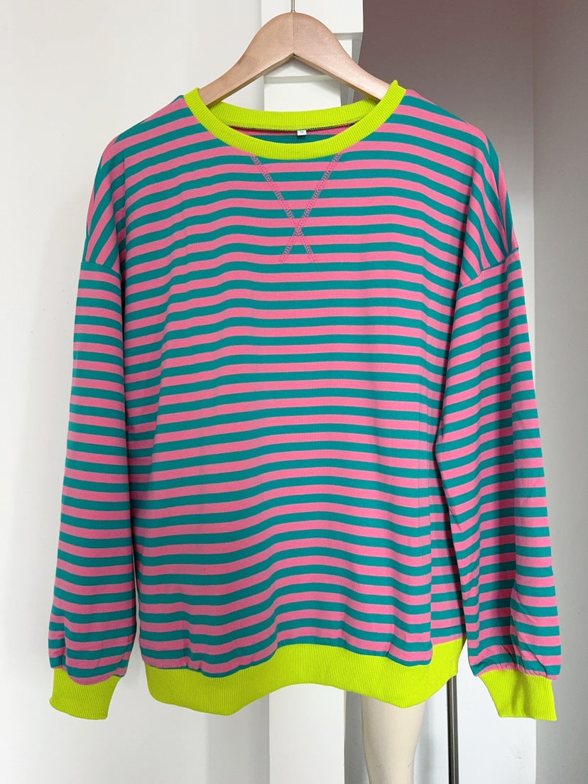 Striped Color-Block Sweatshirt - Multi-Color Loose-Fit Women's T - Shirt