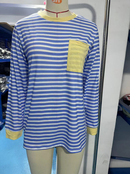 Striped Color-Block Pocket Long-Sleeve Top - Multi-Color Casual Women's T-Shirt