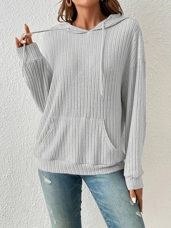 Rib - Knit Hoodie - Multi - Color Casual Women's Top（Sweatshirt）