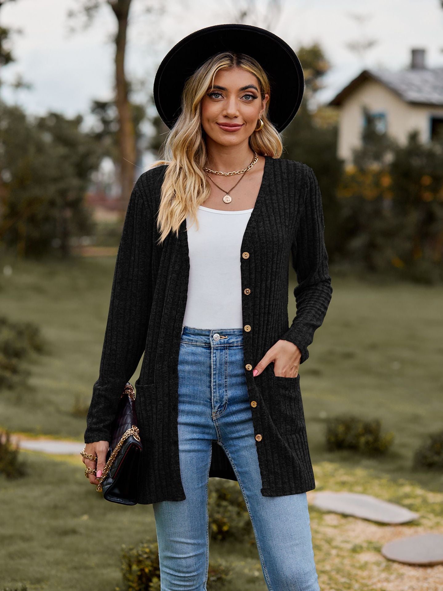 Rib - Knit Cardigan - Multi - Color Long Women's Knitwear