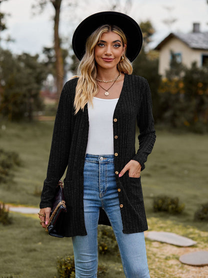 Rib - Knit Cardigan - Multi - Color Long Women's Knitwear