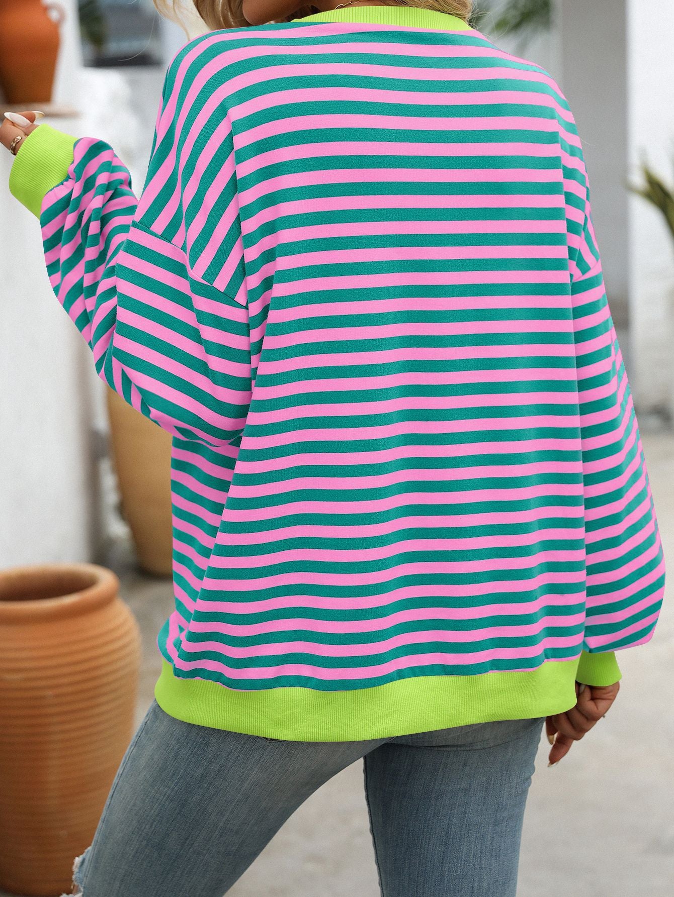 Striped Color-Block Sweatshirt - Multi-Color Loose-Fit Women's T - Shirt