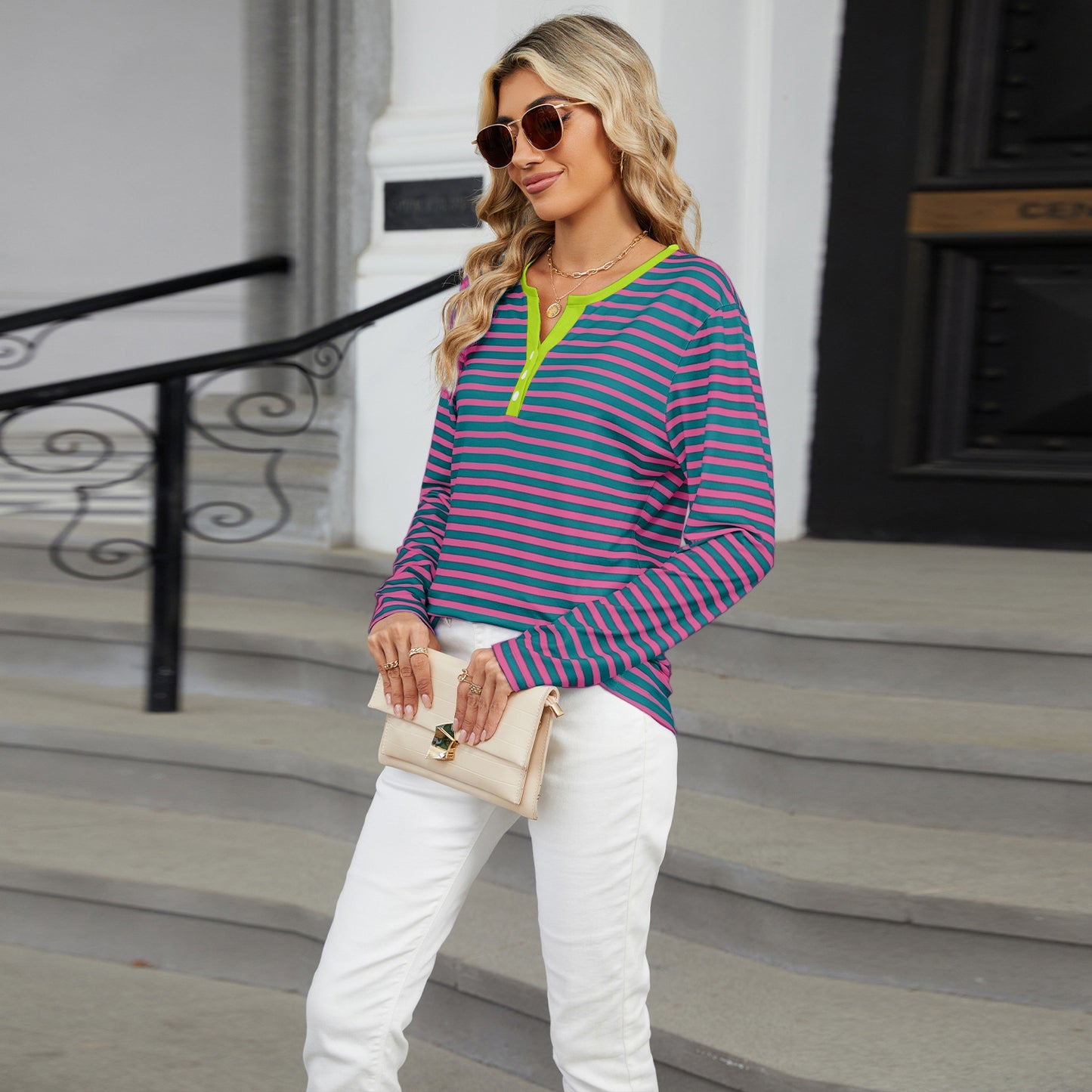 Striped Color-Block V-Neck Long-Sleeve Top - Multi-Color Button Women's T-Shirt