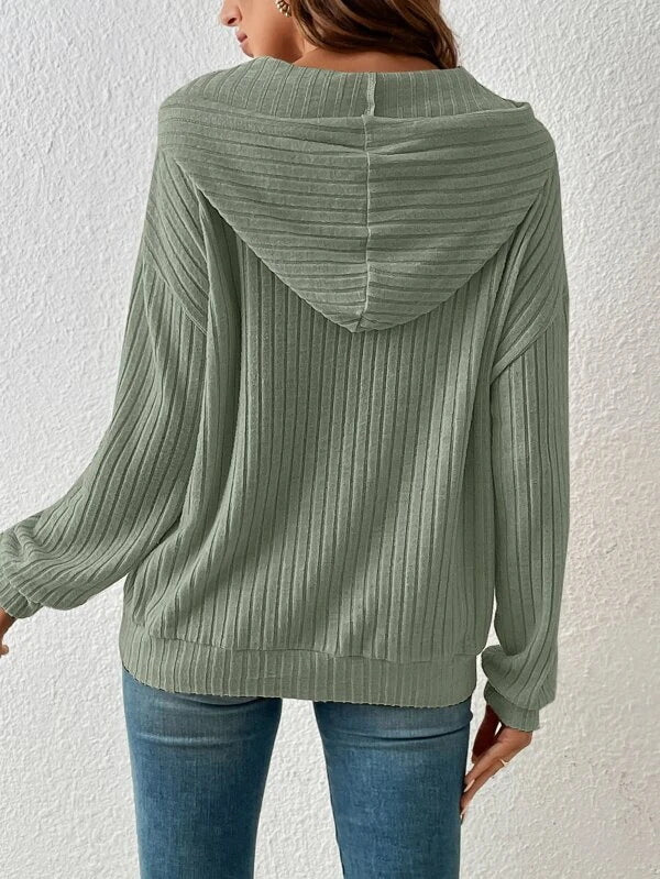 Rib - Knit Hoodie - Multi - Color Casual Women's Top（Sweatshirt）