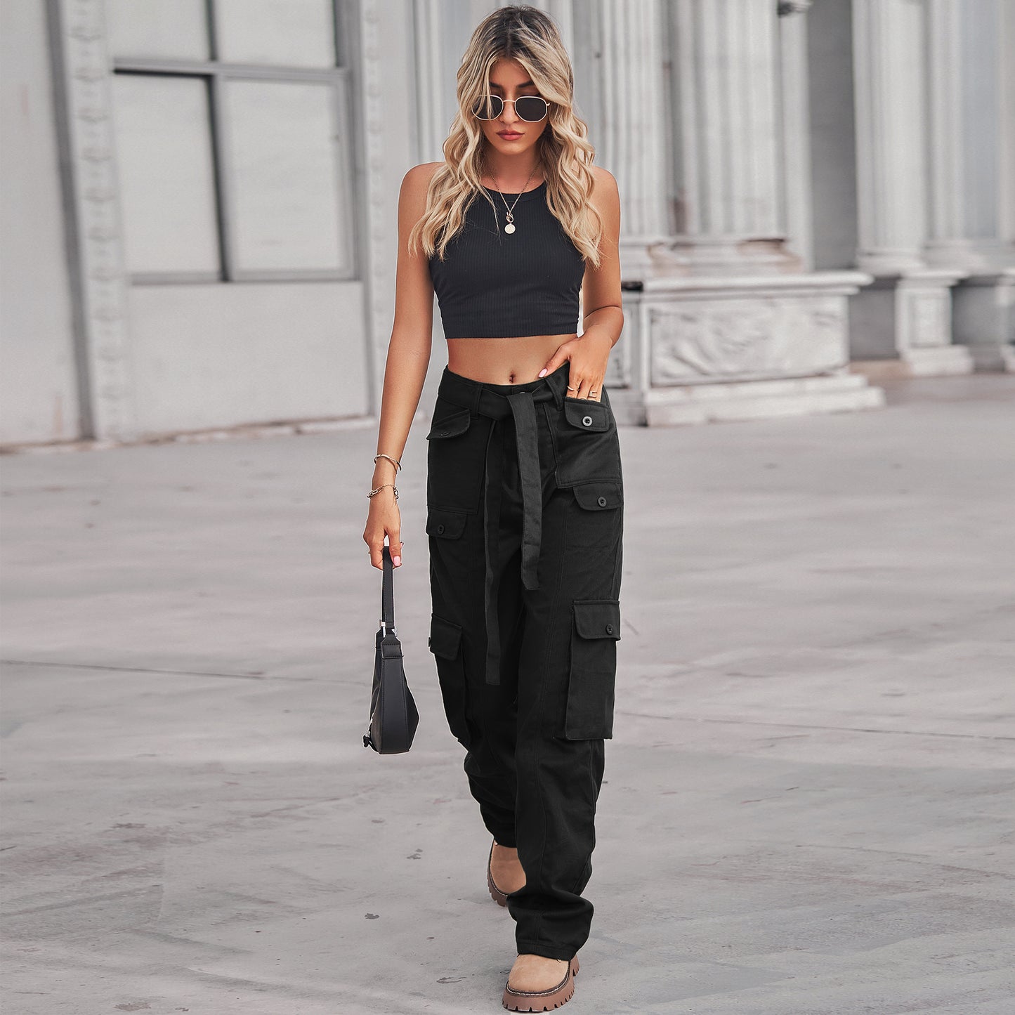 Belted Multi-Pocket Cargo Pant - Women's Loose Straight-Leg Trousers