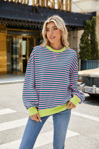 Striped Color-Block Long-Sleeve Top - Multi-Color Casual Women's T-Shirt