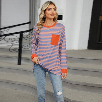 Striped Color-Block Pocket Long-Sleeve Top - Multi-Color Casual Women's T-Shirt