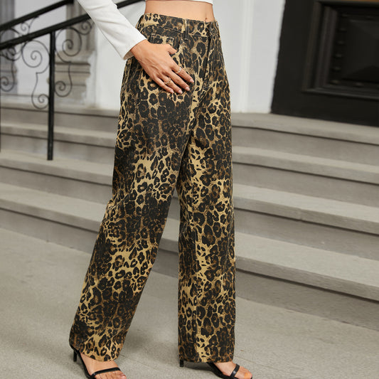 Leopard Print Trousers - High-Waisted Straight Women's Casual Pants
