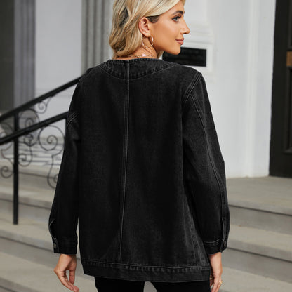 Denim Blazer - Multi-Color Buttonless Women's Outerwear