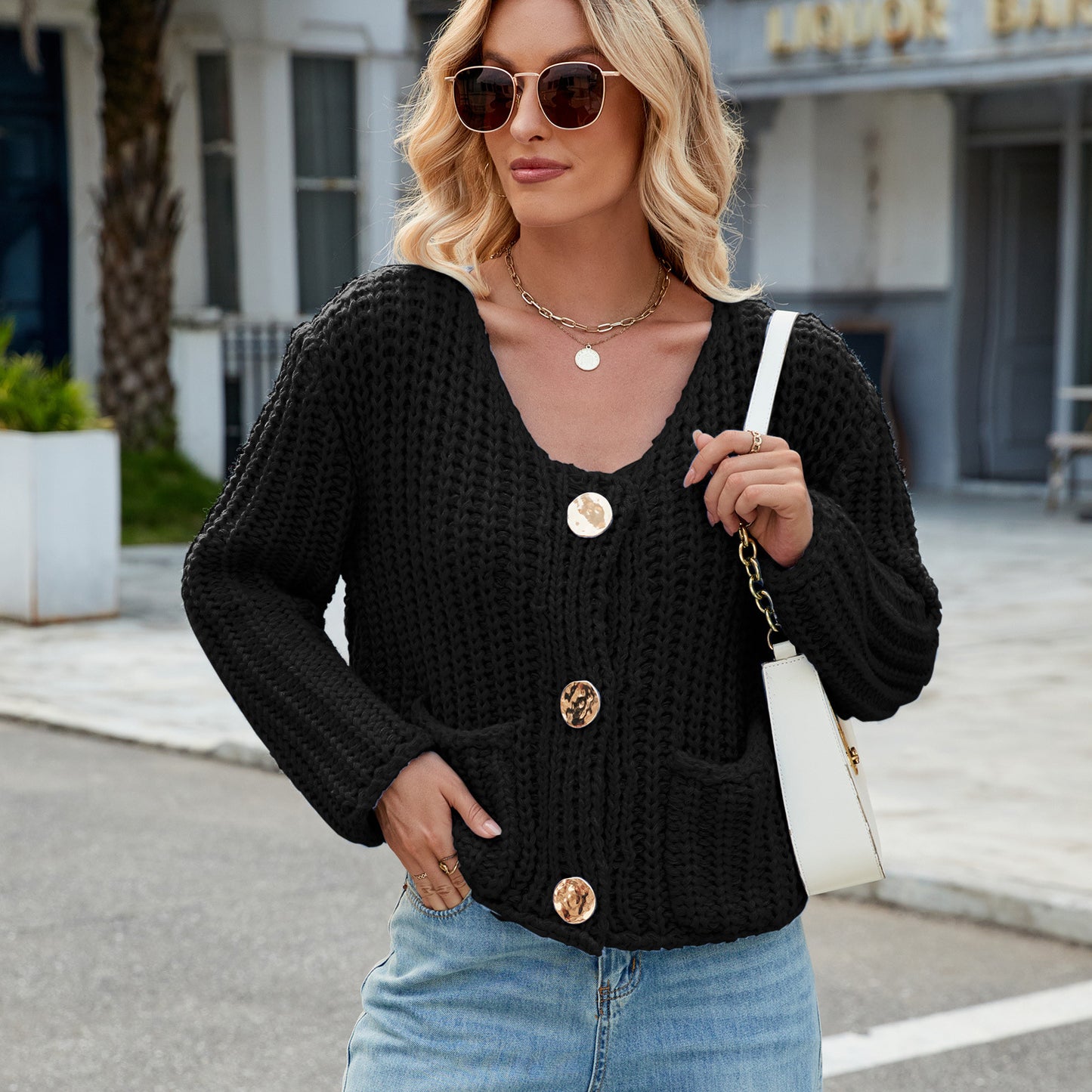 Chunky Knit Cardigan - Short Women's Knitwear with Gold Buttons