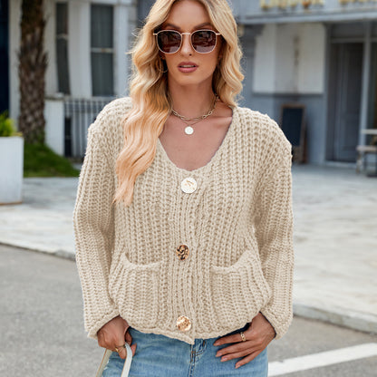 Chunky Knit Cardigan - Short Women's Knitwear with Gold Buttons