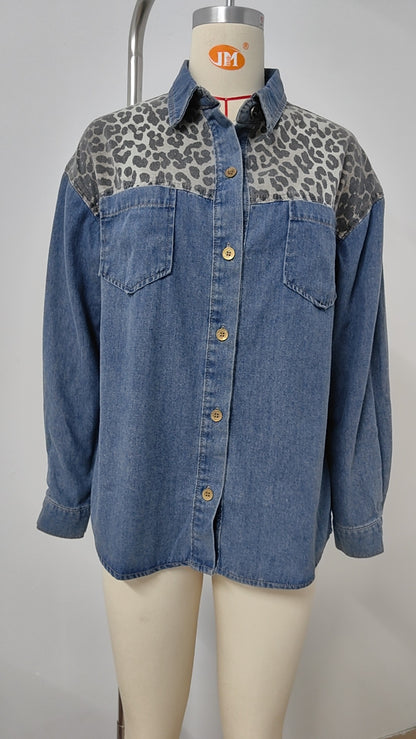 Leopard Print Patchwork Denim Shirt - Loose-Fit Women's Outerwear
