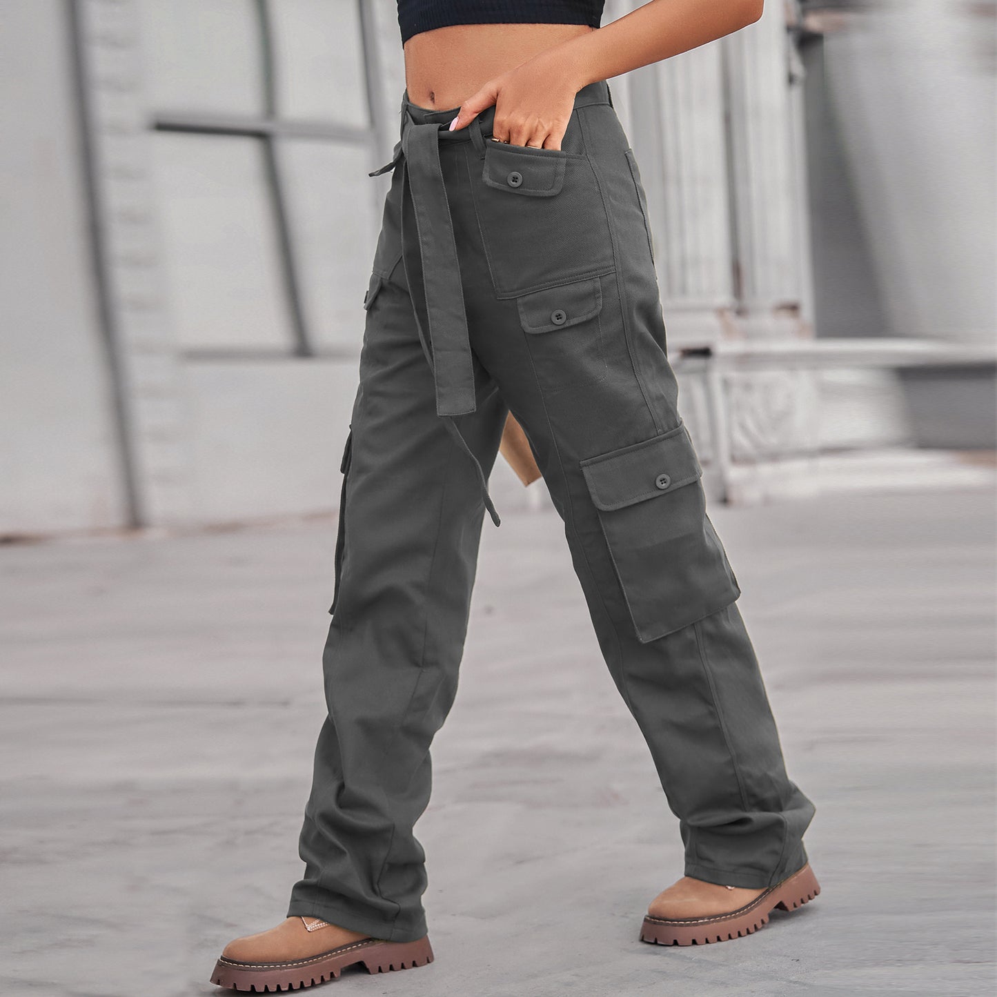 Belted Multi-Pocket Cargo Pant - Women's Loose Straight-Leg Trousers