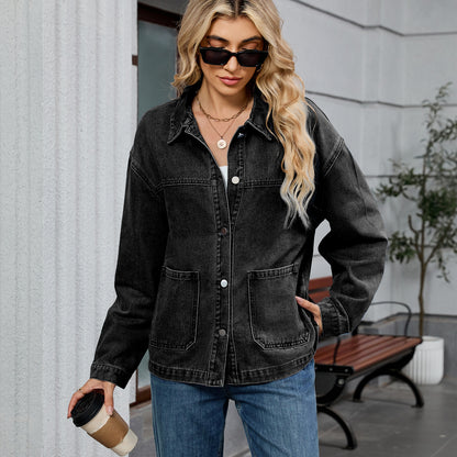Cargo-Style Denim Outerwear - Women's Loose Multi-Pocket Jacket