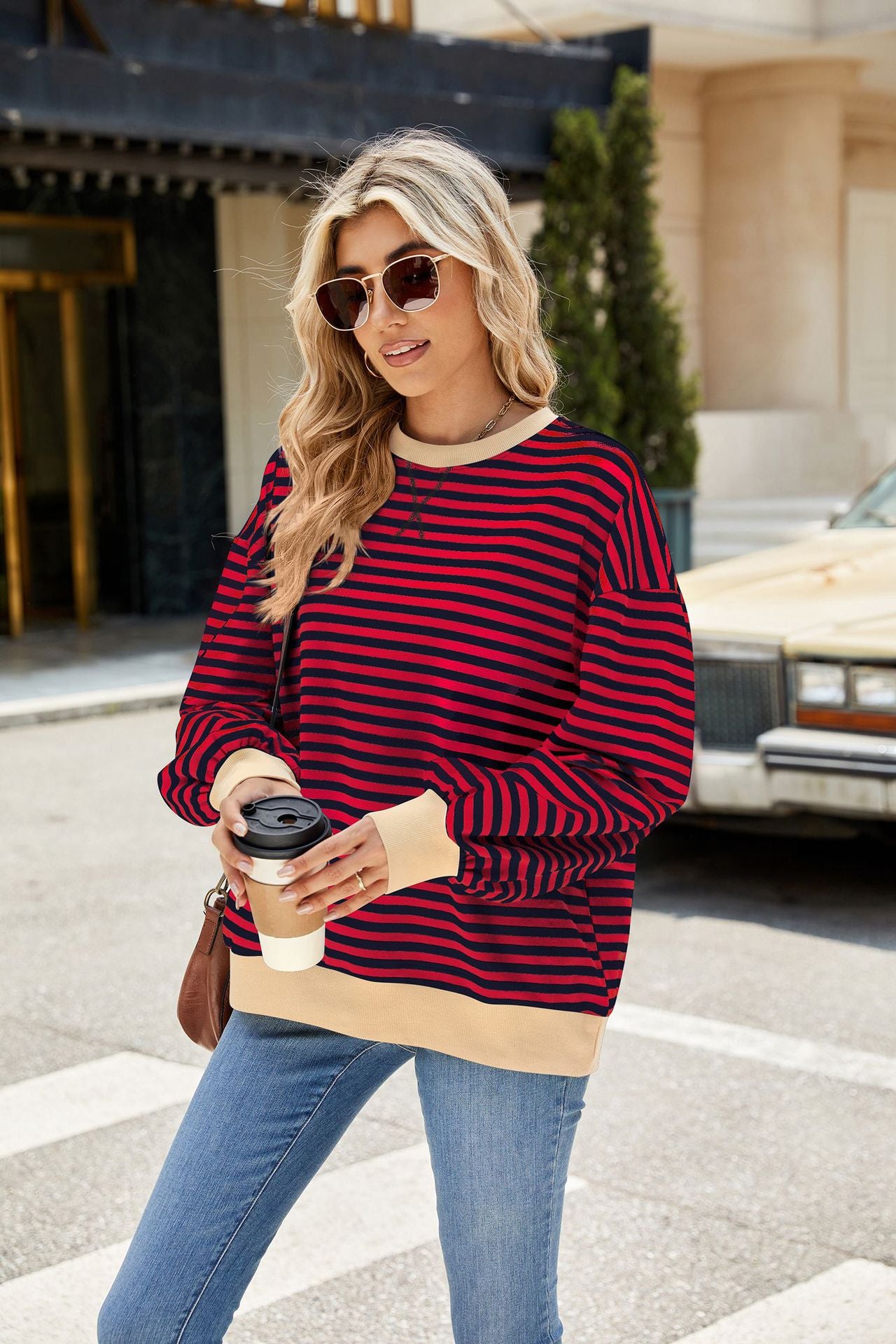 Striped Color-Block Long-Sleeve Top - Multi-Color Casual Women's T-Shirt