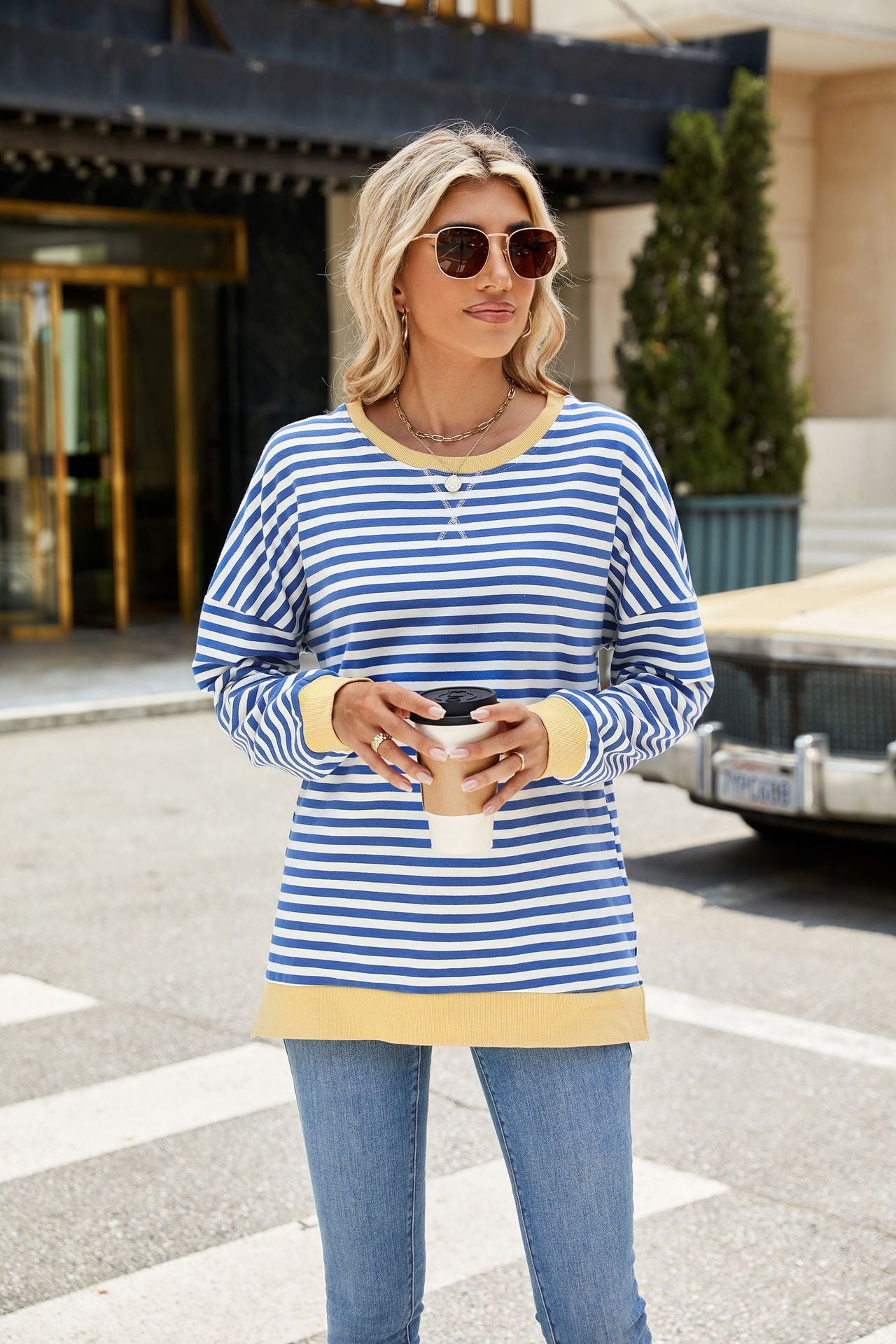 Striped Color-Block Slit Long-Sleeve Top - Multi-Color Casual Women's T-Shirt