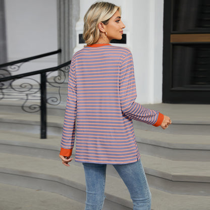 Striped Color-Block Pocket Long-Sleeve Top - Multi-Color Casual Women's T-Shirt