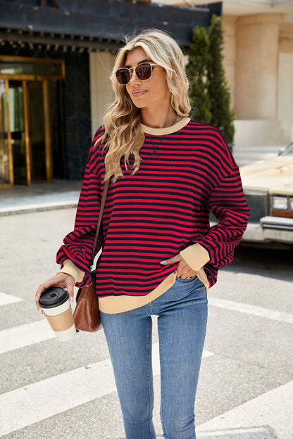 Striped Color-Block Long-Sleeve Top - Multi-Color Casual Women's T-Shirt