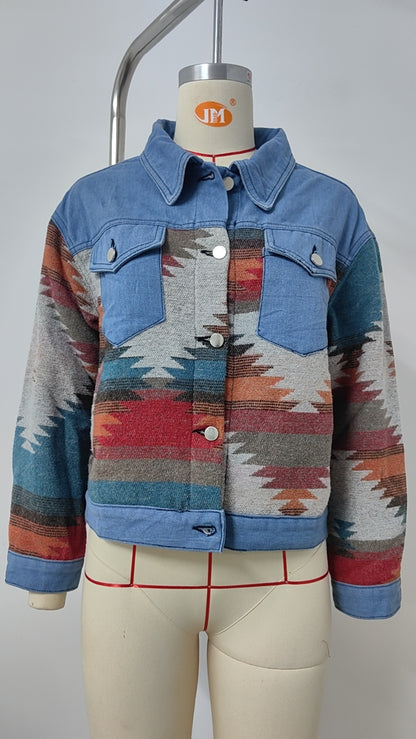 Ethnic Style Patchwork Denim Jacket - Color-Block Printed Women's Outerwear