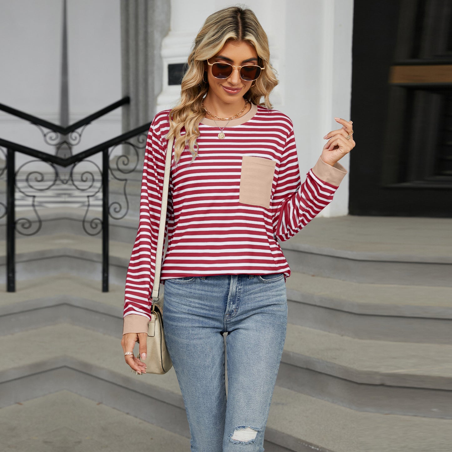 Striped Color-Block Pocket Long-Sleeve Top - Multi-Color Casual Women's T-Shirt