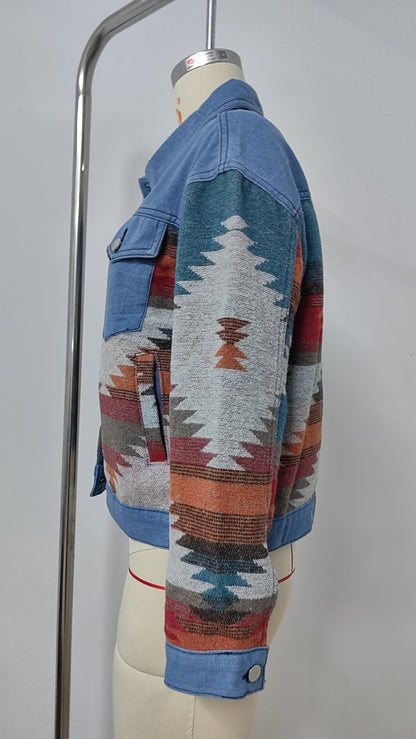 Ethnic Style Patchwork Denim Jacket - Color-Block Printed Women's Outerwear