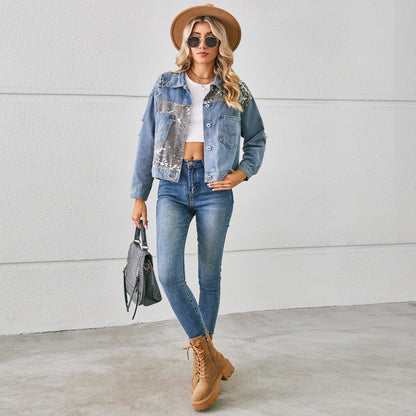 Animal Print Patchwork Denim Jacket - Women's Printed Short Outerwear