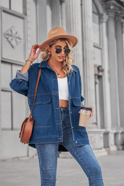 Square-Pocket Cargo Denim Jacket - Loose Women's Outerwear