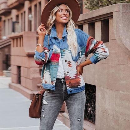 Ethnic Style Patchwork Denim Jacket - Color-Block Printed Women's Outerwear