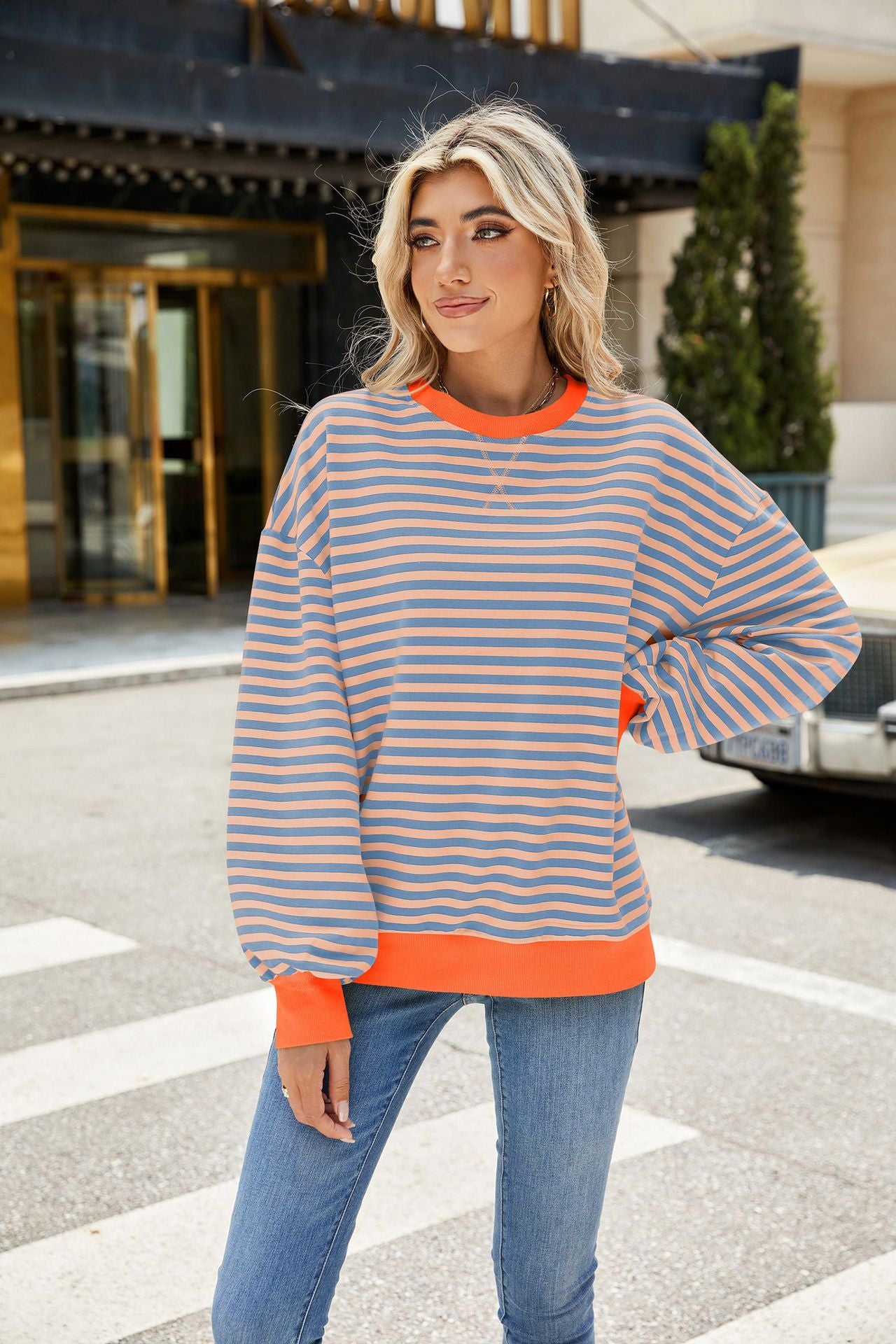 Striped Color-Block Long-Sleeve Top - Multi-Color Casual Women's T-Shirt
