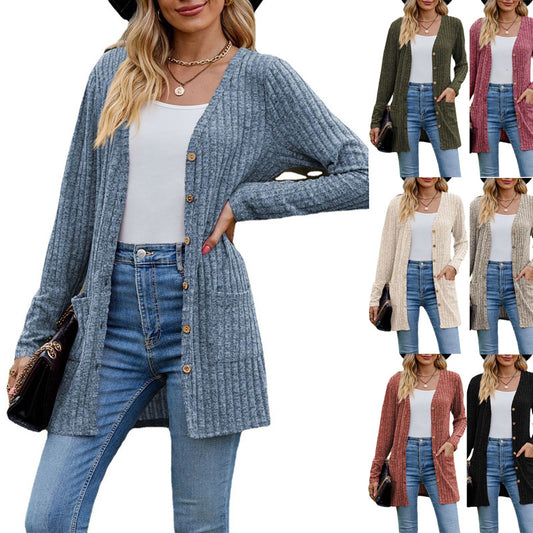 Rib - Knit Cardigan - Multi - Color Long Women's Knitwear