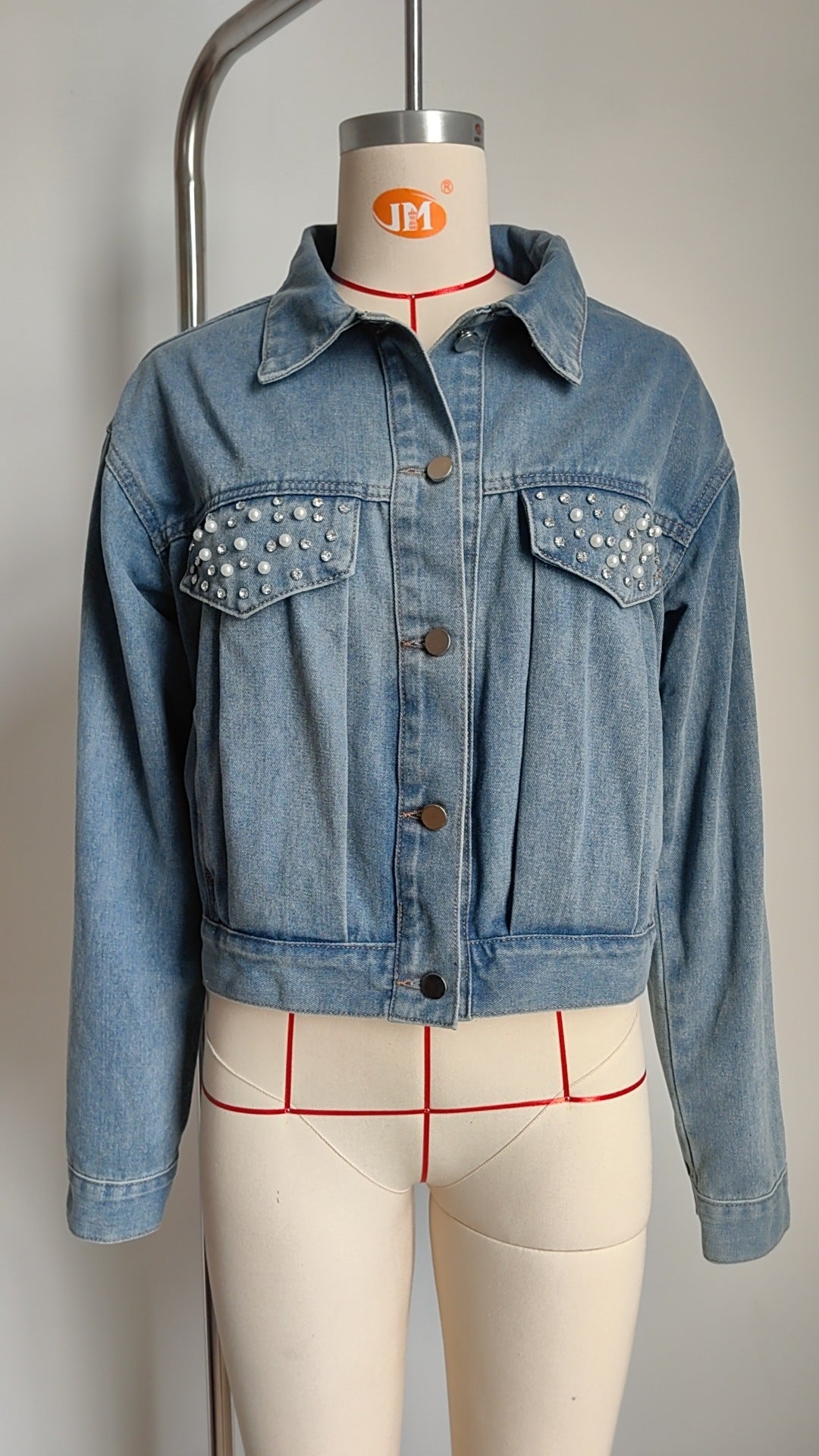 Pearl-Embellished Denim Jacket - Light Blue Women's Outerwear