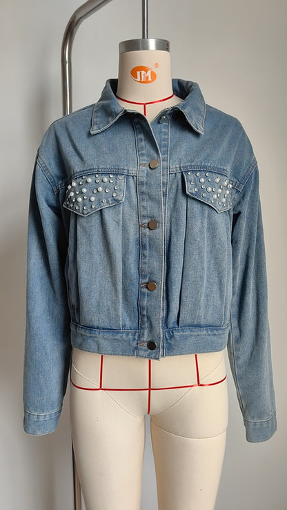 Pearl-Embellished Denim Jacket - Light Blue Women's Outerwear