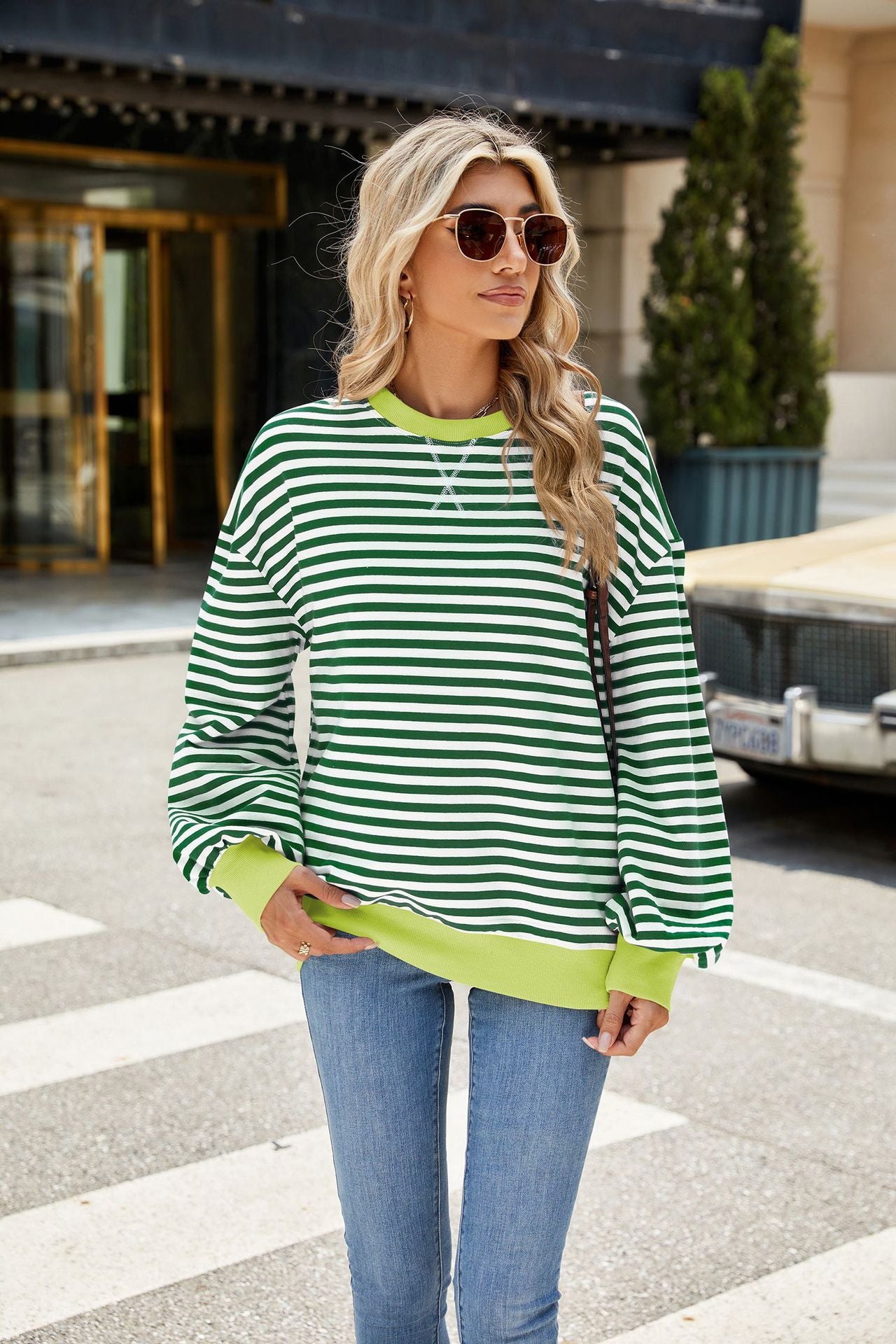 Striped Color-Block Long-Sleeve Top - Multi-Color Casual Women's T-Shirt