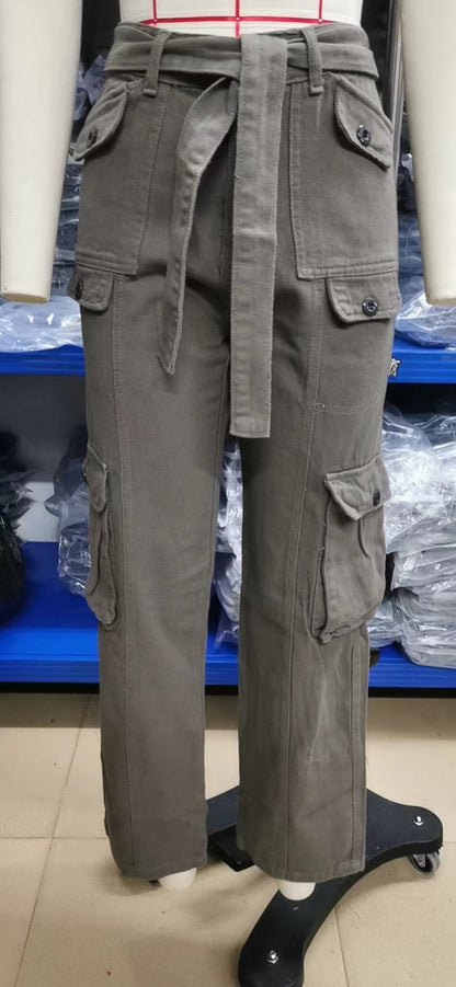Belted Multi-Pocket Cargo Pant - Women's Loose Straight-Leg Trousers