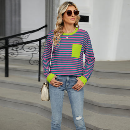 Striped Color-Block Pocket Long-Sleeve Top - Multi-Color Casual Women's T-Shirt