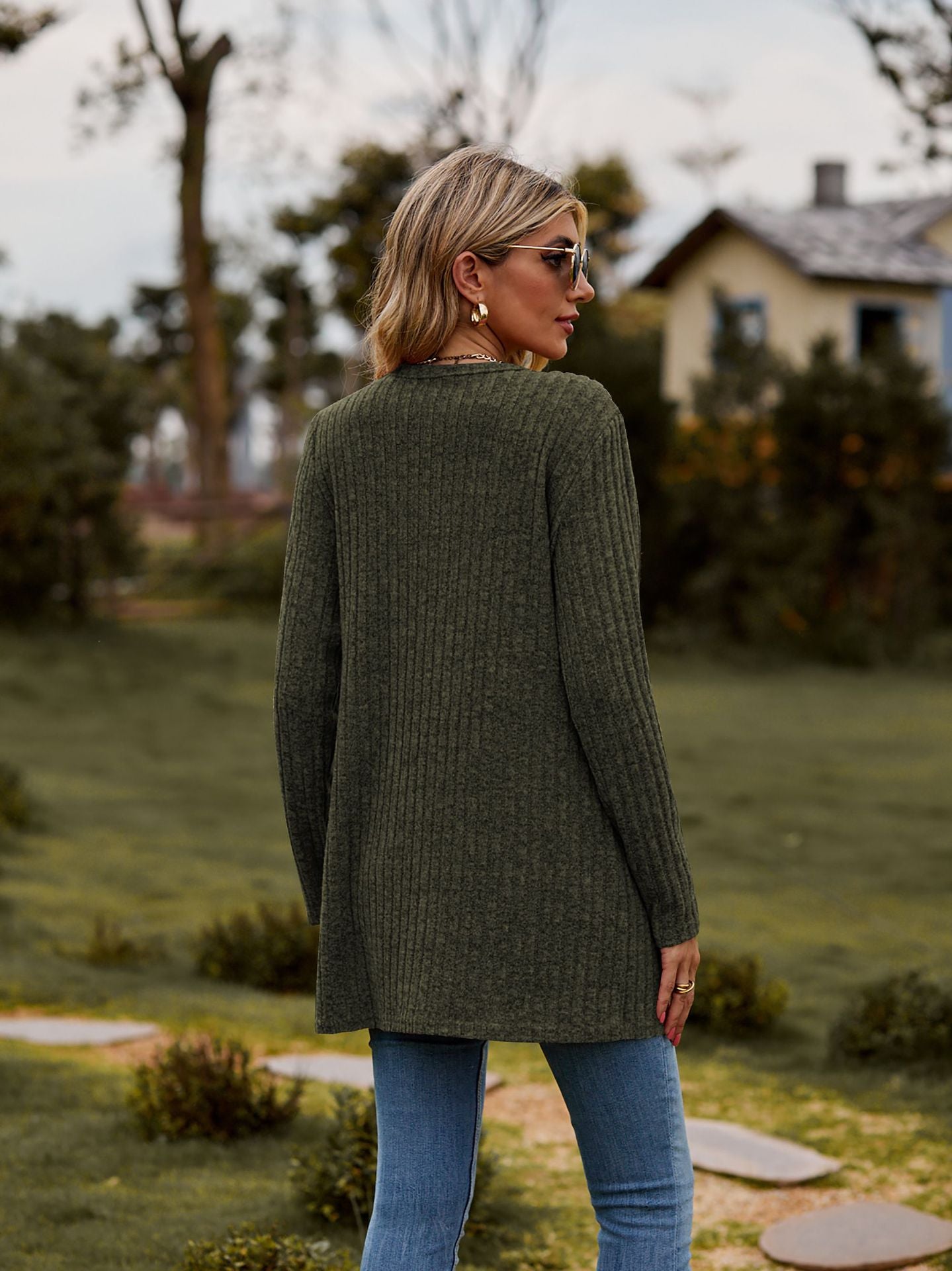 Rib - Knit Cardigan - Multi - Color Long Women's Knitwear