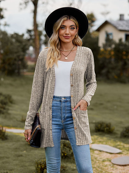 Rib - Knit Cardigan - Multi - Color Long Women's Knitwear