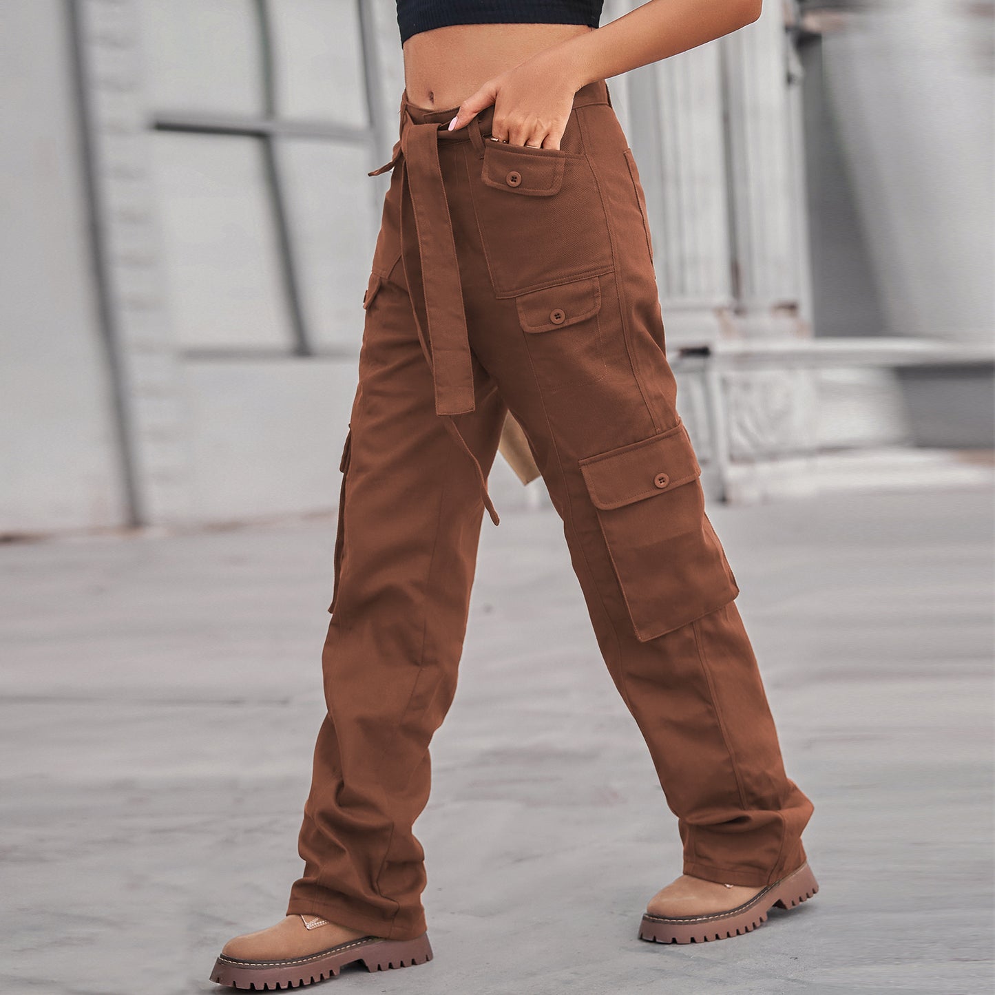 Belted Multi-Pocket Cargo Pant - Women's Loose Straight-Leg Trousers