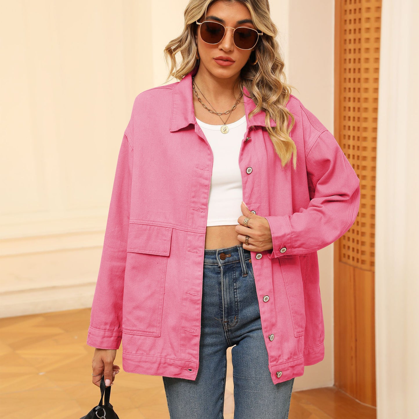 Square-Pocket Cargo Denim Jacket - Loose Women's Outerwear