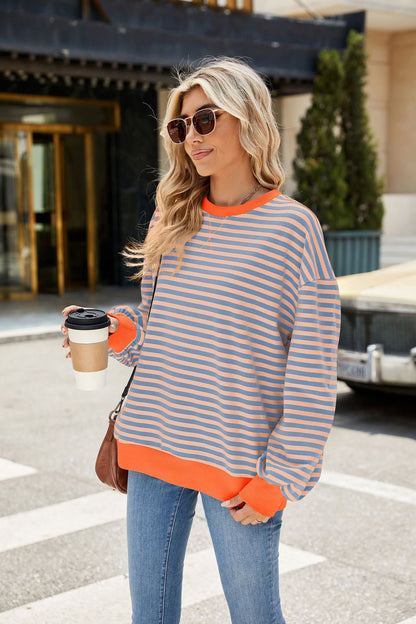 Striped Color-Block Long-Sleeve Top - Multi-Color Casual Women's T-Shirt