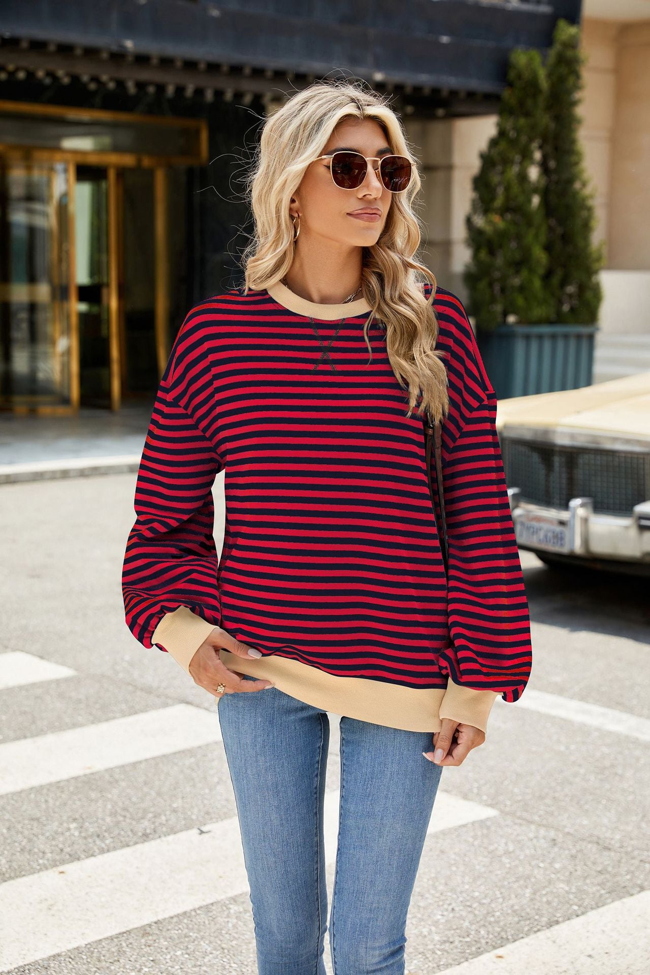 Striped Color-Block Long-Sleeve Top - Multi-Color Casual Women's T-Shirt
