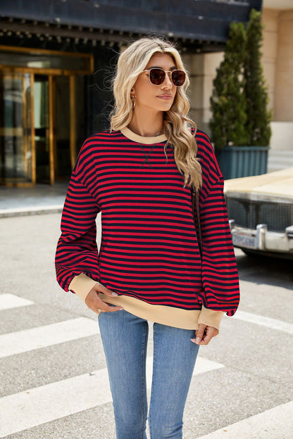 Striped Color-Block Long-Sleeve Top - Multi-Color Casual Women's T-Shirt