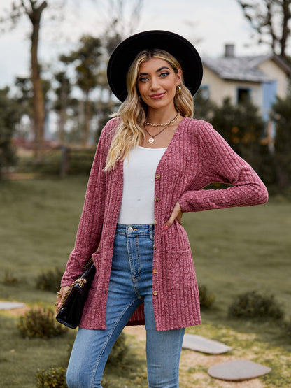 Rib - Knit Cardigan - Multi - Color Long Women's Knitwear