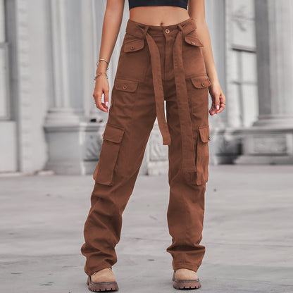 Belted Multi-Pocket Cargo Pant - Women's Loose Straight-Leg Trousers
