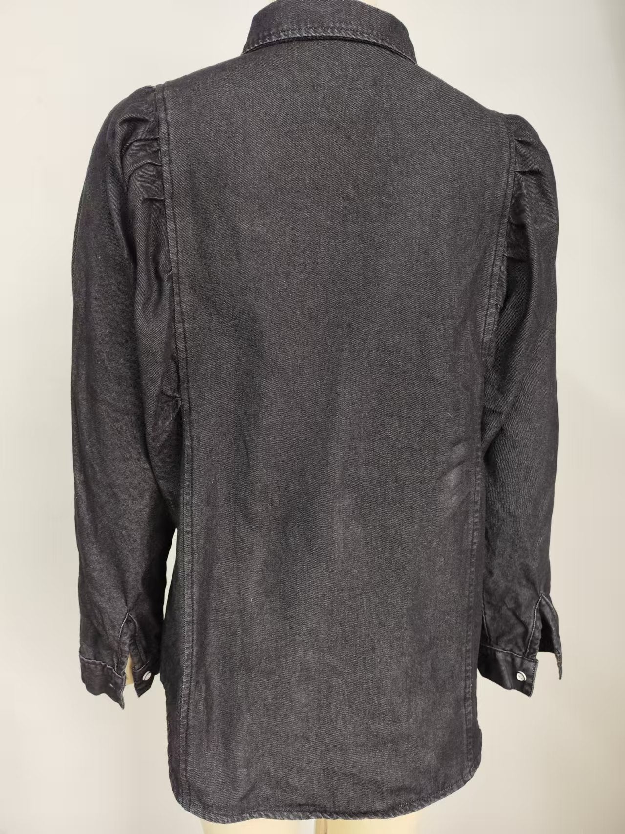 Puff-Sleeve Denim Shirt - Women's Vintage Long-Sleeve Outerwear