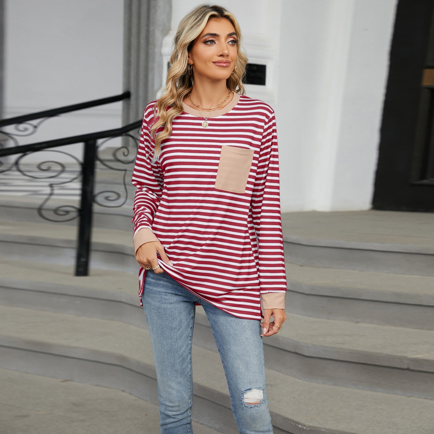 Striped Color-Block Pocket Long-Sleeve Top - Multi-Color Casual Women's T-Shirt