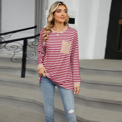 Striped Color-Block Pocket Long-Sleeve Top - Multi-Color Casual Women's T-Shirt